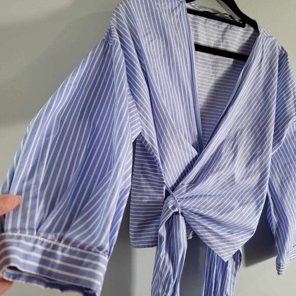 ZARA Blue and white striped wrap around cropped blouse. EUC - Picture 7 of 9